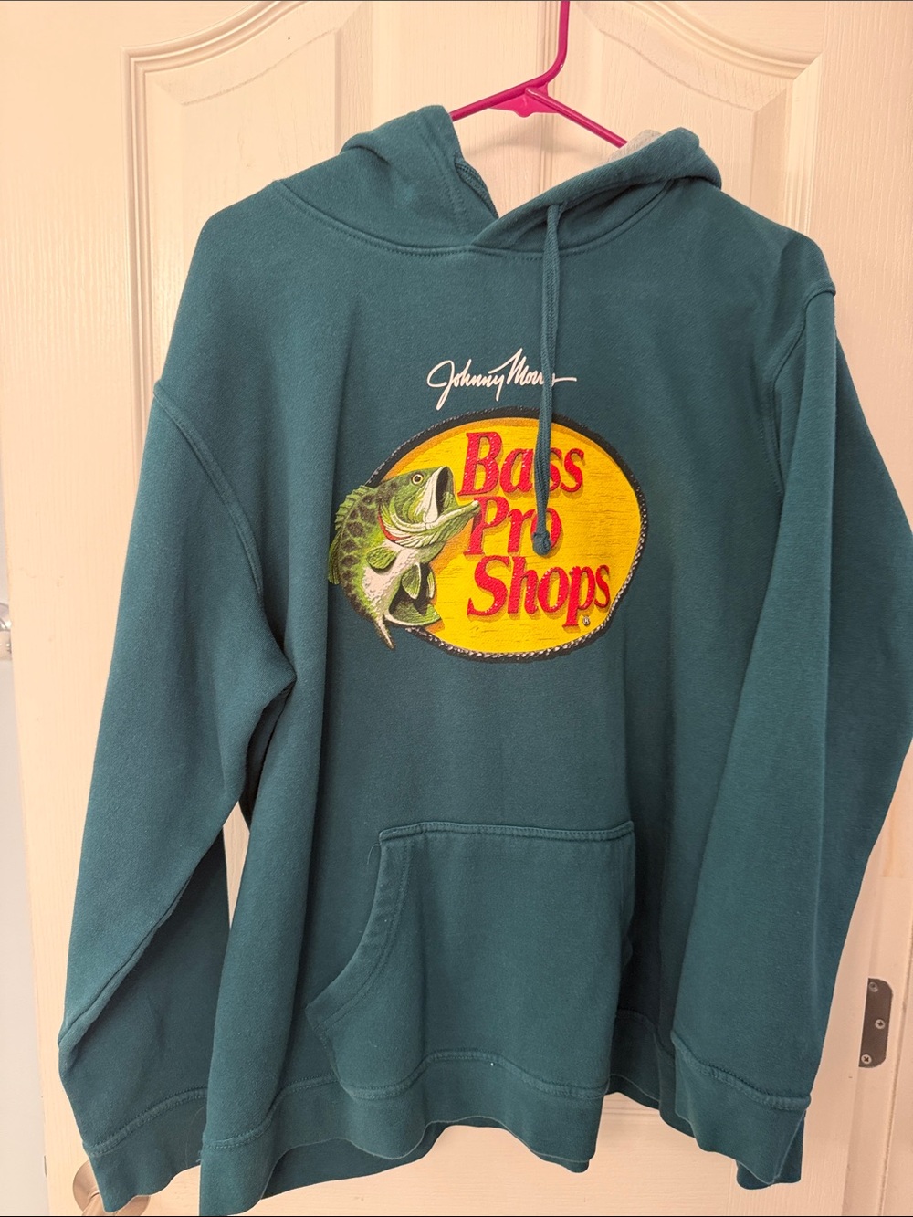 Bass Pro Shops Teal Green Hoodie with Yellow Fish Logo